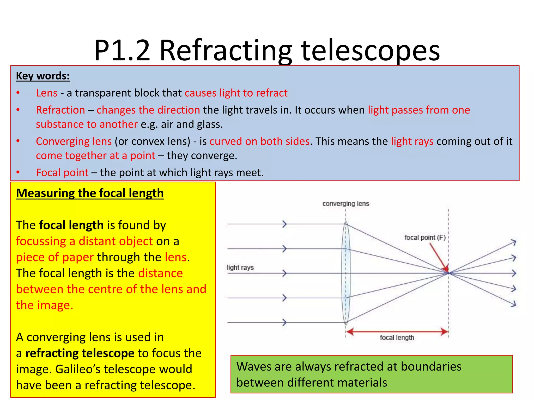 P1.2 Refracting telescopes
Key words:
• Lens - a transparent block that causes light to refract
• Refraction – changes the direction the light travels in. It occurs when light passes from one
substance to another e.g. air and glass.
• Converging lens (or convex lens) - is curved on both sides. This means the light rays coming out of it
come together at a point – they converge.
• Focal point – the point at which light rays meet.
Measuring the focal length
The focal length is found by
focussing a distant object on a
piece of paper through the lens.
The focal length is the distance
between the centre of the lens and
the image.
A converging lens is used in
a refracting telescope to focus the
image. Galileo’s telescope would
have been a refracting telescope.
Waves are always refracted at boundaries
between different materials
 