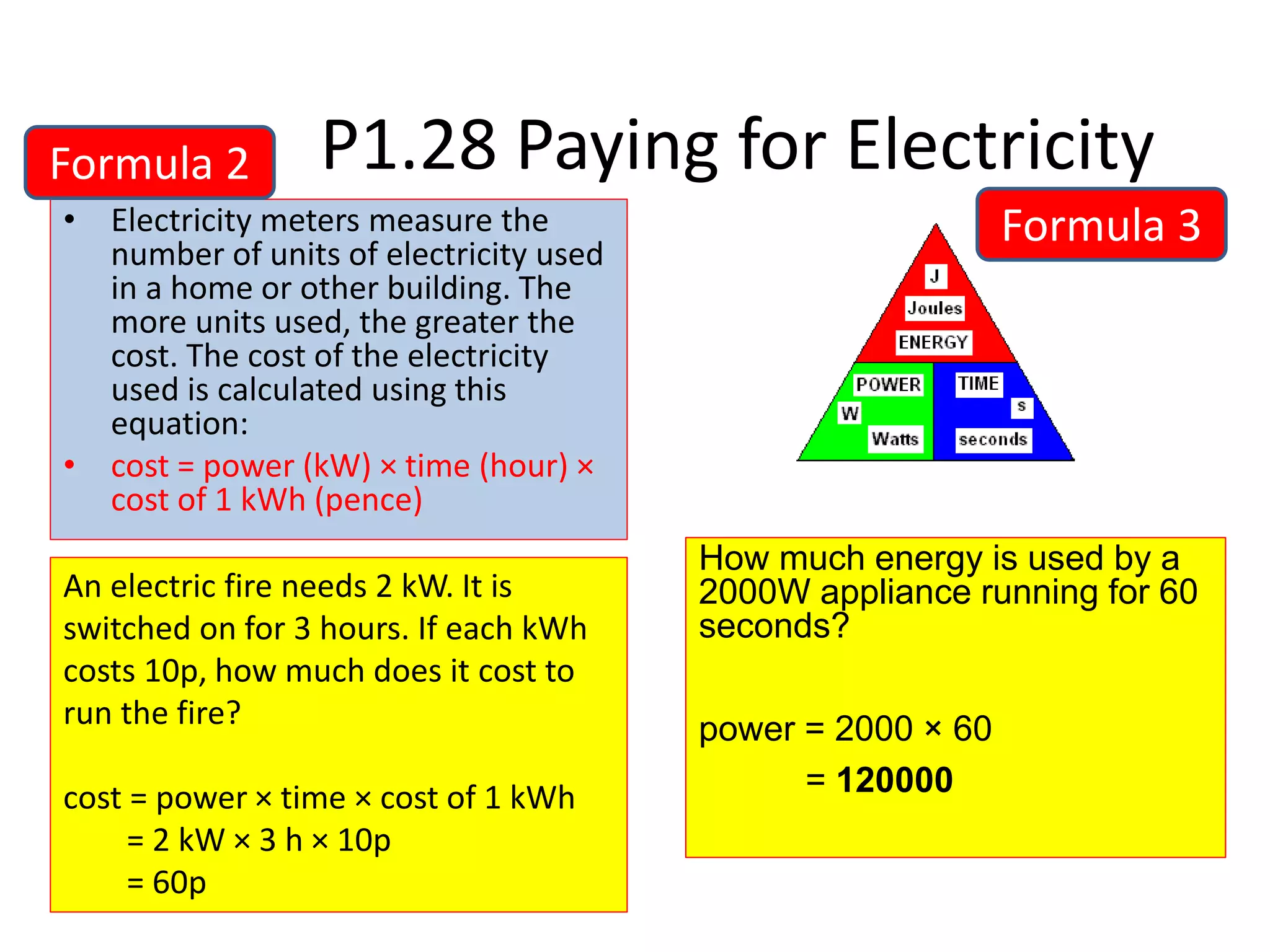 P1.28 Paying for Electricity
• Electricity meters measure the
number of units of electricity used
in a home or other building. The
more units used, the greater the
cost. The cost of the electricity
used is calculated using this
equation:
• cost = power (kW) × time (hour) ×
cost of 1 kWh (pence)
How much energy is used by a
2000W appliance running for 60
seconds?
power = 2000 × 60
= 120000
An electric fire needs 2 kW. It is
switched on for 3 hours. If each kWh
costs 10p, how much does it cost to
run the fire?
cost = power × time × cost of 1 kWh
= 2 kW × 3 h × 10p
= 60p
Formula 2
Formula 3
 