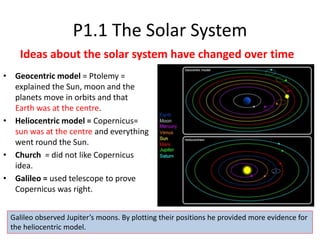 P1.1 The Solar System
• Geocentric model = Ptolemy =
explained the Sun, moon and the
planets move in orbits and that
Earth was at the centre.
• Heliocentric model = Copernicus=
sun was at the centre and everything
went round the Sun.
• Church = did not like Copernicus
idea.
• Galileo = used telescope to prove
Copernicus was right.
Ideas about the solar system have changed over time
Galileo observed Jupiter’s moons. By plotting their positions he provided more evidence for
the heliocentric model.
 