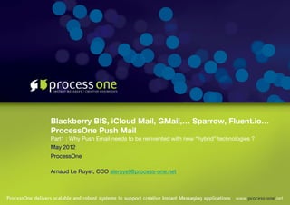 Blackberry BIS, iCloud Mail, GMail,… Sparrow, Fluent.io…!
ProcessOne Push Mail !
Part1 : Why Push Email needs to be reinvented with new “hybrid” technologies ? 
May 2012
ProcessOne 


Arnaud Le Ruyet, CCO aleruyet@process-one.net

 
