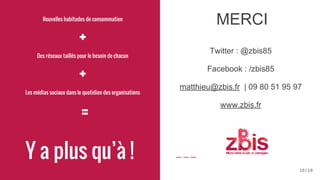 Y a plus qu’à !
Nouvelles habitudes de consommation
+
Des réseaux taillés pour le besoin de chacun
+
Les médias sociaux dans le quotidien des organisations
=
10/10
Twitter : @zbis85
Facebook : /zbis85
matthieu@zbis.fr | 09 80 51 95 97
www.zbis.fr
MERCI
 