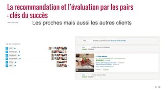 La recommandation et l’évaluation par les pairs
- clés du succès
Les proches mais aussi les autres clients
7/10
 