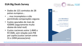 EUA Big Deals Survey
16/04/2018 14
• Dados de 121 contratos de 28
países europeus…
• … mas incompletos e não
permitindo comparações seguras
• Custos apurados de mais de
420M€ (seguramente muito
abaixo do total real)
• Custos nacionais entre 1,4M€ e
97,5M€, sem relação com PIB
per capita (custos variam entre
31 e 2494 pessoas/ano)
http://eua.be/Libraries/default-document-library/eua-big-deals-survey-report---the-first-mapping-of-major-scientific-publishing-contracts-in-europe.pdf?sfvrsn=4
 