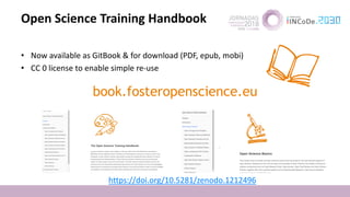 Open Science Training Handbook
• Now available as GitBook & for download (PDF, epub, mobi)
• CC 0 license to enable simple re-use
book.fosteropenscience.eu
https://doi.org/10.5281/zenodo.1212496
 