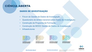 http://www.ciencia-aberta.pt/ MINISTÉRIO DA CIÊNCIA, TECNOLOGIA E
ENSINO SUPERIOR
CIÊNCIA ABERTA
• Fórum de Gestão de Dados de Investigação
• Questionário de âmbito nacional sobre Dados de Investigação
• Construção de Programa de Formação
• Construção de MOOC Gestão de Dados de Investigação
• Infraestruturas
DADOS DE INVESTIGAÇÃO
http://forumgdi.rcaap.pt/
 