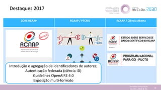 Destaques 2017
Jornadas Computação
Cientifica 2018 @ INL 39
CORE RCAAP RCAAP / PTCRIS RCAAP / Ciência Aberta
Introdução e agregação de identificadores de autores;
Autenticação federada (ciência ID)
Guidelines OpenAIRE 4.0
Exposição multi-formato
 