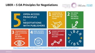LIBER – 5 OA Principles for Negotiations
16/04/2018 7
http://libereurope.eu/blog/2017/09/07/open-access-five-principles-for-negotiations-with-publishers/
 