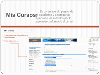 Es un enlace ala pagina de
Mis Cursos:
          la plataforma y a categorías
          que viene los módulos por lo
          que esta conformado el curso.
 