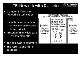 LTE:	
  New	
  risk	
  with	
  Diameter	
  
•  Diameter	
  informaHon	
  
   network	
  disseminaHon	
  

•  Diameter	
  awesomeness	
  
    –  distribuHon/centralizaHon	
  
    –  its	
  own	
  evil	
  side	
  
•  Present	
  in	
  many	
  database	
  
    –  HSS,	
  SDM/SDR,	
  CUD	
  

•  The	
  goal	
  was	
  to	
  centralize	
  
•  The	
  result	
  is	
  one	
  more	
  
   database	
  
                                                       28
 
