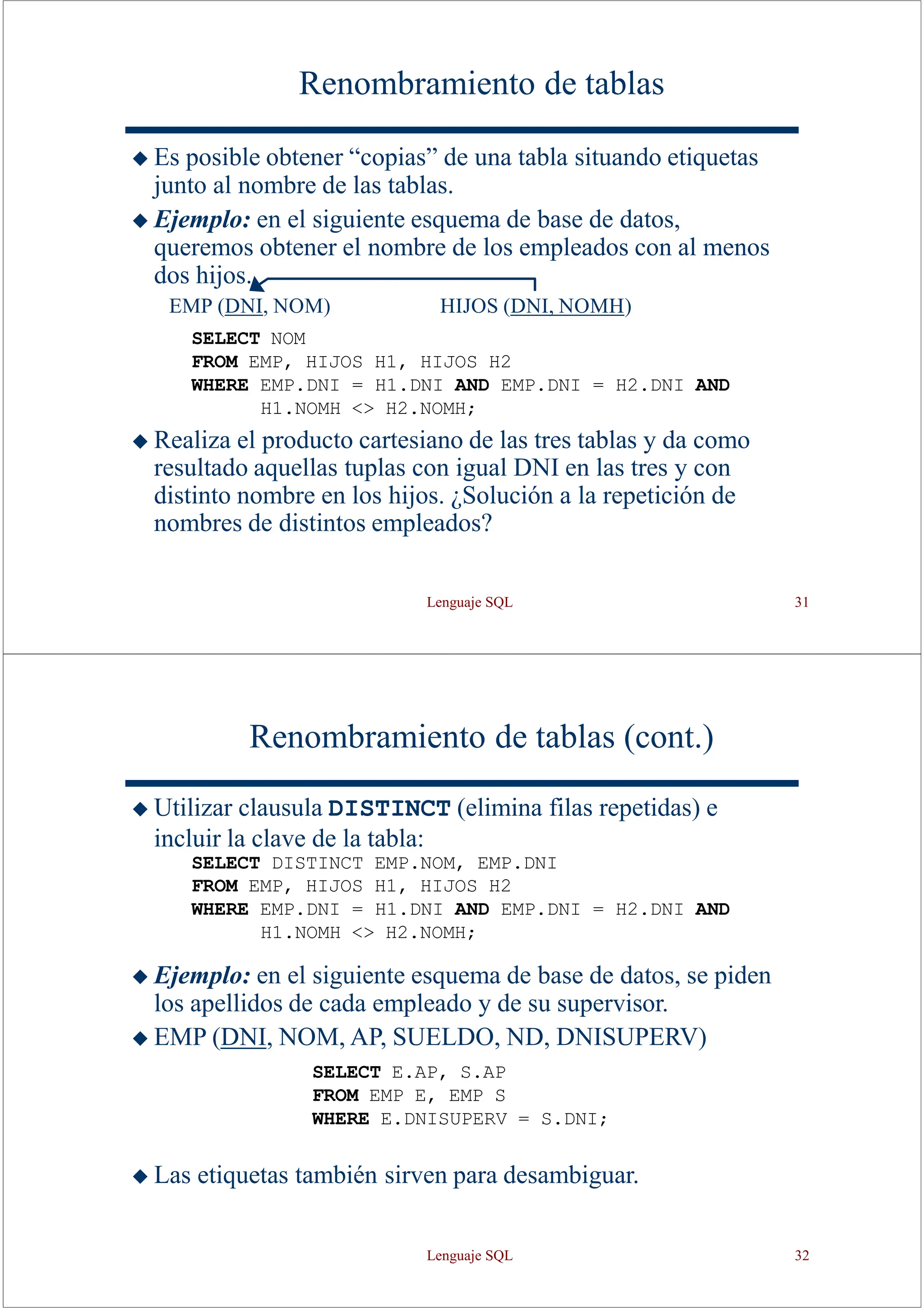 Lenguaje SQL 31
Renombramiento de tablas
◆ Es posible obtener “copias” de una tabla situando etiquetas
junto al nombre de las tablas.
◆ Ejemplo: en el siguiente esquema de base de datos,
queremos obtener el nombre de los empleados con al menos
dos hijos.
EMP (DNI, NOM) HIJOS (DNI, NOMH)
SELECT NOM
FROM EMP, HIJOS H1, HIJOS H2
WHERE EMP.DNI = H1.DNI AND EMP.DNI = H2.DNI AND
H1.NOMH <> H2.NOMH;
◆ Realiza el producto cartesiano de las tres tablas y da como
resultado aquellas tuplas con igual DNI en las tres y con
distinto nombre en los hijos. ¿Solución a la repetición de
nombres de distintos empleados?
Renombramiento de tablas (cont.)
◆ Utilizar clausula DISTINCT (elimina filas repetidas) e
incluir la clave de la tabla:
SELECT DISTINCT EMP.NOM, EMP.DNI
FROM EMP, HIJOS H1, HIJOS H2
WHERE EMP.DNI = H1.DNI AND EMP.DNI = H2.DNI AND
H1.NOMH <> H2.NOMH;
◆ Ejemplo: en el siguiente esquema de base de datos, se piden
los apellidos de cada empleado y de su supervisor.
◆ EMP (DNI, NOM, AP, SUELDO, ND, DNISUPERV)
SELECT E.AP, S.AP
FROM EMP E, EMP S
WHERE E.DNISUPERV = S.DNI;
◆ Las etiquetas también sirven para desambiguar.
Lenguaje SQL 32
 