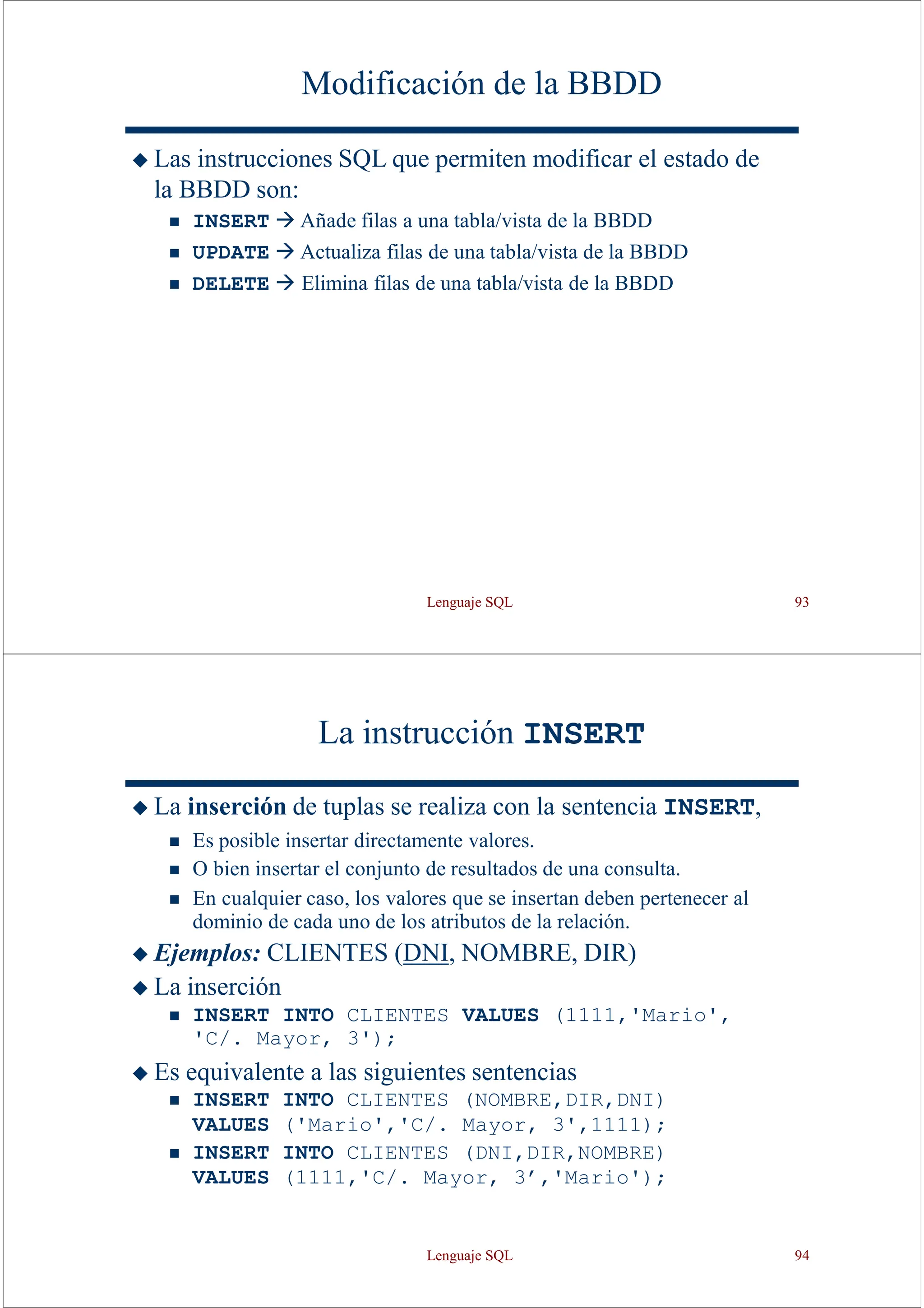 Lenguaje SQL 93
Modificación de la BBDD
◆ Las instrucciones SQL que permiten modificar el estado de
la BBDD son:
◼ INSERT → Añade filas a una tabla/vista de la BBDD
◼ UPDATE → Actualiza filas de una tabla/vista de la BBDD
◼ DELETE → Elimina filas de una tabla/vista de la BBDD
La instrucción INSERT
◆ La inserción de tuplas se realiza con la sentencia INSERT,
◼ Es posible insertar directamente valores.
◼ O bien insertar el conjunto de resultados de una consulta.
◼ En cualquier caso, los valores que se insertan deben pertenecer al
dominio de cada uno de los atributos de la relación.
◆ Ejemplos: CLIENTES (DNI, NOMBRE, DIR)
◆ La inserción
◼ INSERT INTO CLIENTES VALUES (1111,'Mario',
'C/. Mayor, 3');
◆ Es equivalente a las siguientes sentencias
◼ INSERT INTO CLIENTES (NOMBRE,DIR,DNI)
VALUES ('Mario','C/. Mayor, 3',1111);
◼ INSERT INTO CLIENTES (DNI,DIR,NOMBRE)
VALUES (1111,'C/. Mayor, 3’,'Mario');
Lenguaje SQL 94
 