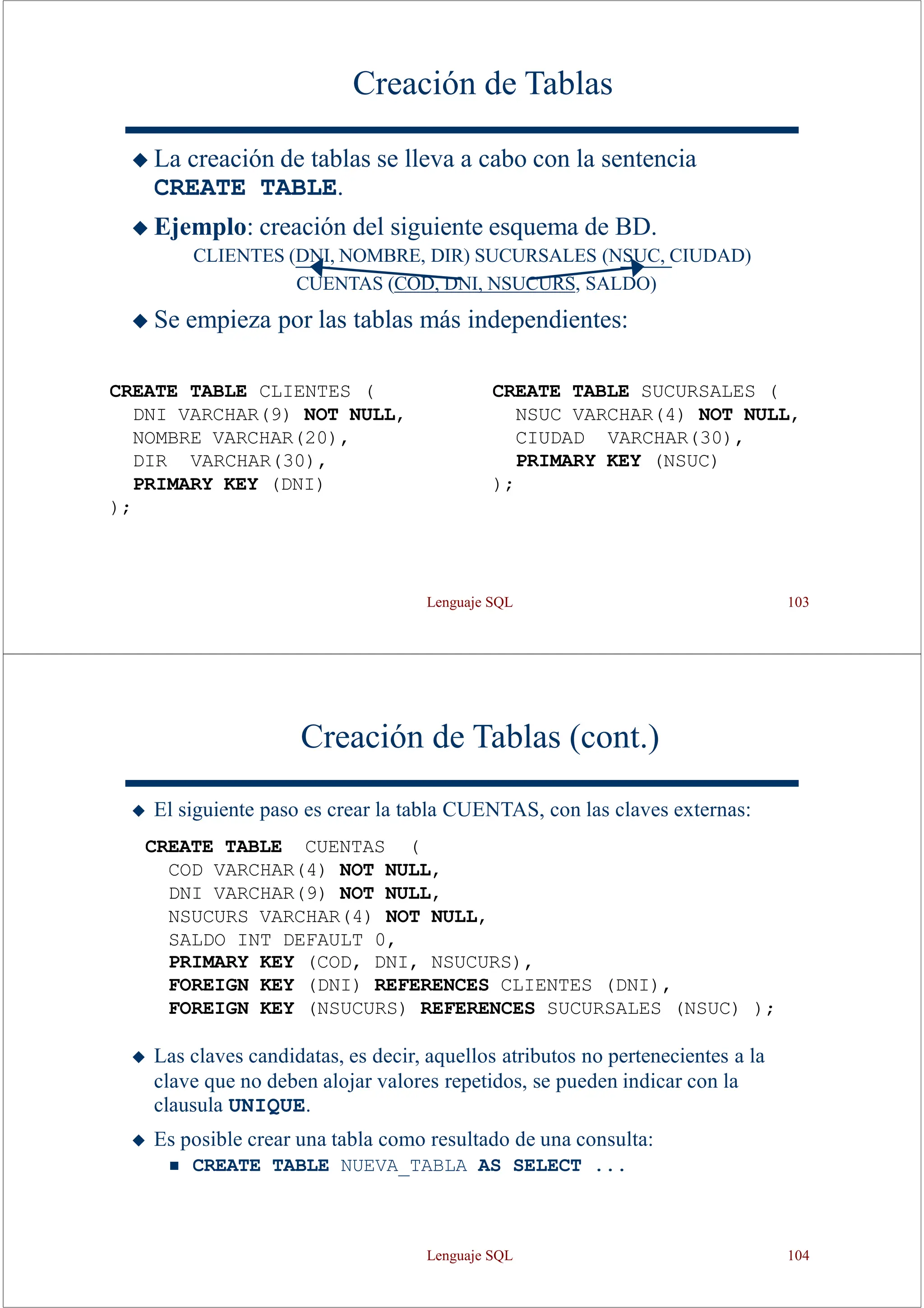 Lenguaje SQL 103
Creación de Tablas
◆ La creación de tablas se lleva a cabo con la sentencia
CREATE TABLE.
◆ Ejemplo: creación del siguiente esquema de BD.
CLIENTES (DNI, NOMBRE, DIR) SUCURSALES (NSUC, CIUDAD)
CUENTAS (COD, DNI, NSUCURS, SALDO)
◆ Se empieza por las tablas más independientes:
CREATE TABLE CLIENTES (
DNI VARCHAR(9) NOT NULL,
NOMBRE VARCHAR(20),
DIR VARCHAR(30),
PRIMARY KEY (DNI)
);
CREATE TABLE SUCURSALES (
NSUC VARCHAR(4) NOT NULL,
CIUDAD VARCHAR(30),
PRIMARY KEY (NSUC)
);
Creación de Tablas (cont.)
◆ El siguiente paso es crear la tabla CUENTAS, con las claves externas:
CREATE TABLE CUENTAS (
COD VARCHAR(4) NOT NULL,
DNI VARCHAR(9) NOT NULL,
NSUCURS VARCHAR(4) NOT NULL,
SALDO INT DEFAULT 0,
PRIMARY KEY (COD, DNI, NSUCURS),
FOREIGN KEY (DNI) REFERENCES CLIENTES (DNI),
FOREIGN KEY (NSUCURS) REFERENCES SUCURSALES (NSUC) );
◆ Las claves candidatas, es decir, aquellos atributos no pertenecientes a la
clave que no deben alojar valores repetidos, se pueden indicar con la
clausula UNIQUE.
◆ Es posible crear una tabla como resultado de una consulta:
◼ CREATE TABLE NUEVA_TABLA AS SELECT ...
Lenguaje SQL 104
 