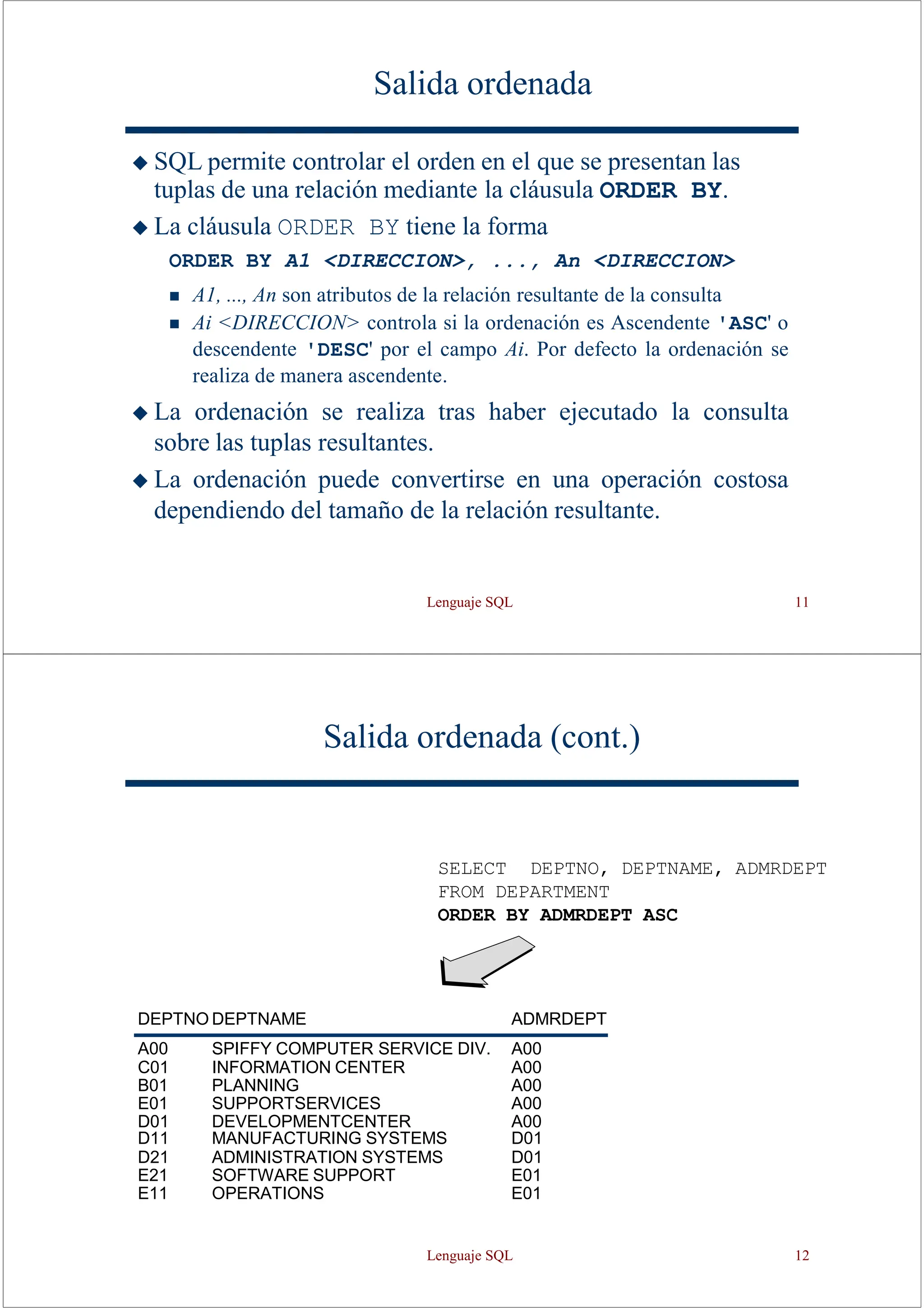 Lenguaje SQL 11
Salida ordenada
◆ SQL permite controlar el orden en el que se presentan las
tuplas de una relación mediante la cláusula ORDER BY.
◆ La cláusula ORDER BY tiene la forma
ORDER BY A1 <DIRECCION>, ..., An <DIRECCION>
◼ A1, ..., An son atributos de la relación resultante de la consulta
◼ Ai <DIRECCION> controla si la ordenación es Ascendente 'ASC' o
descendente 'DESC' por el campo Ai. Por defecto la ordenación se
realiza de manera ascendente.
◆ La ordenación se realiza tras haber ejecutado la consulta
sobre las tuplas resultantes.
◆ La ordenación puede convertirse en una operación costosa
dependiendo del tamaño de la relación resultante.
Salida ordenada (cont.)
SELECT DEPTNO, DEPTNAME, ADMRDEPT
FROM DEPARTMENT
ORDER BY ADMRDEPT ASC
DEPTNO DEPTNAME ADMRDEPT
A00 SPIFFY COMPUTER SERVICE DIV. A00
C01 INFORMATION CENTER A00
B01 PLANNING A00
E01 SUPPORTSERVICES A00
D01 DEVELOPMENTCENTER A00
D11 MANUFACTURING SYSTEMS D01
D21 ADMINISTRATION SYSTEMS D01
E21 SOFTWARE SUPPORT E01
E11 OPERATIONS E01
Lenguaje SQL 12
 