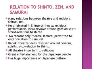 Many relations between theatre and religions; shinto, zen. No originated in Shinto shrines as religious performance, ideas revolve around gods an spirit world-relations to shinto No theatre only theatre samurai permitted to enter-relation to samurai Kabuki theatre ideas revolved around demons, spirits, etc.-relation to Shinto. All theatre important to religions Great entertainment for the Japanese people Has huge importance on Japanese culture 