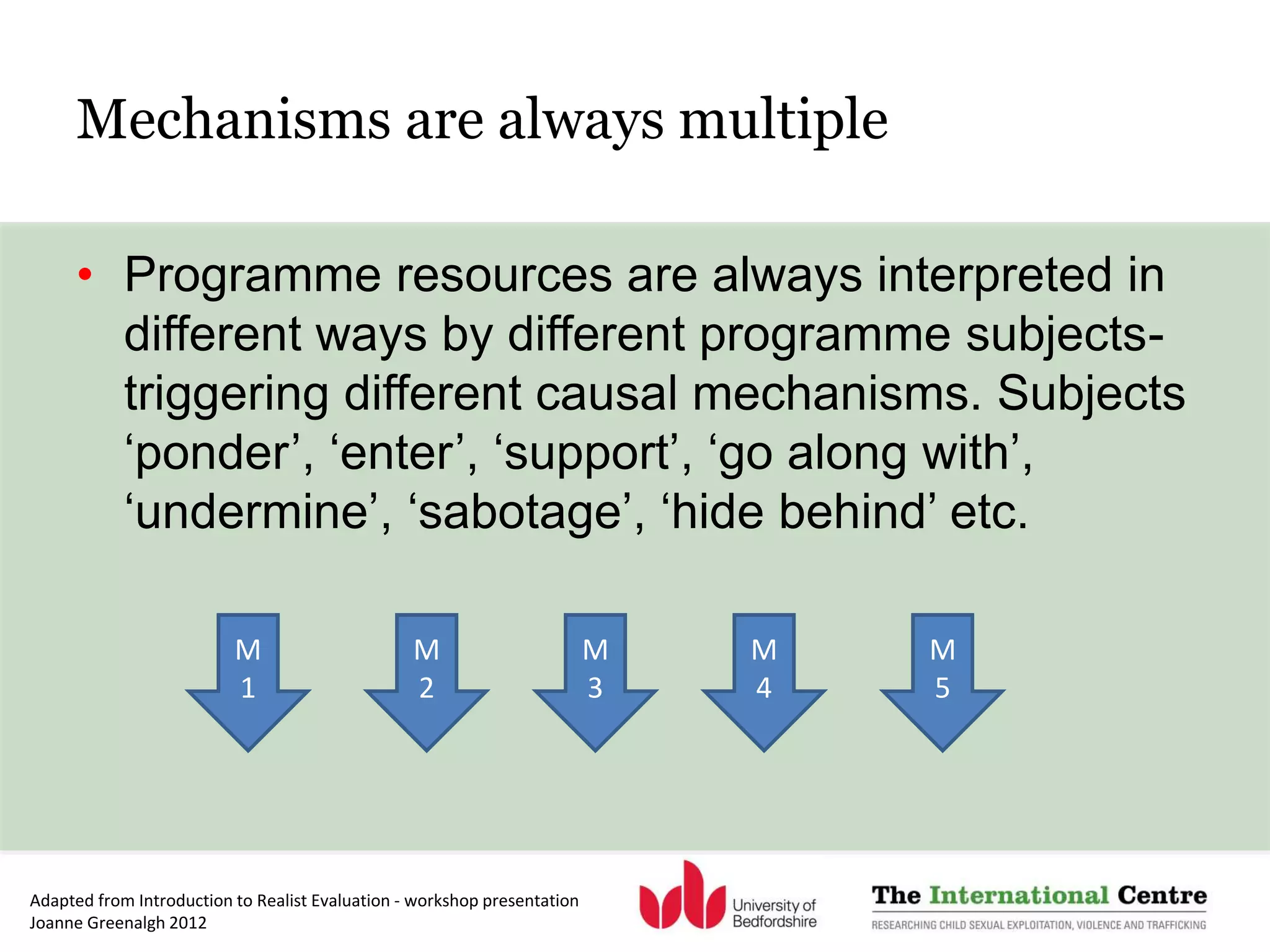 • Programme resources are always interpreted in
different ways by different programme subjects-
triggering different causal mechanisms. Subjects
‘ponder’, ‘enter’, ‘support’, ‘go along with’,
‘undermine’, ‘sabotage’, ‘hide behind’ etc.
Mechanisms are always multiple
M
1
M
2
M
3
M
4
M
5
Adapted from Introduction to Realist Evaluation - workshop presentation
Joanne Greenalgh 2012
 