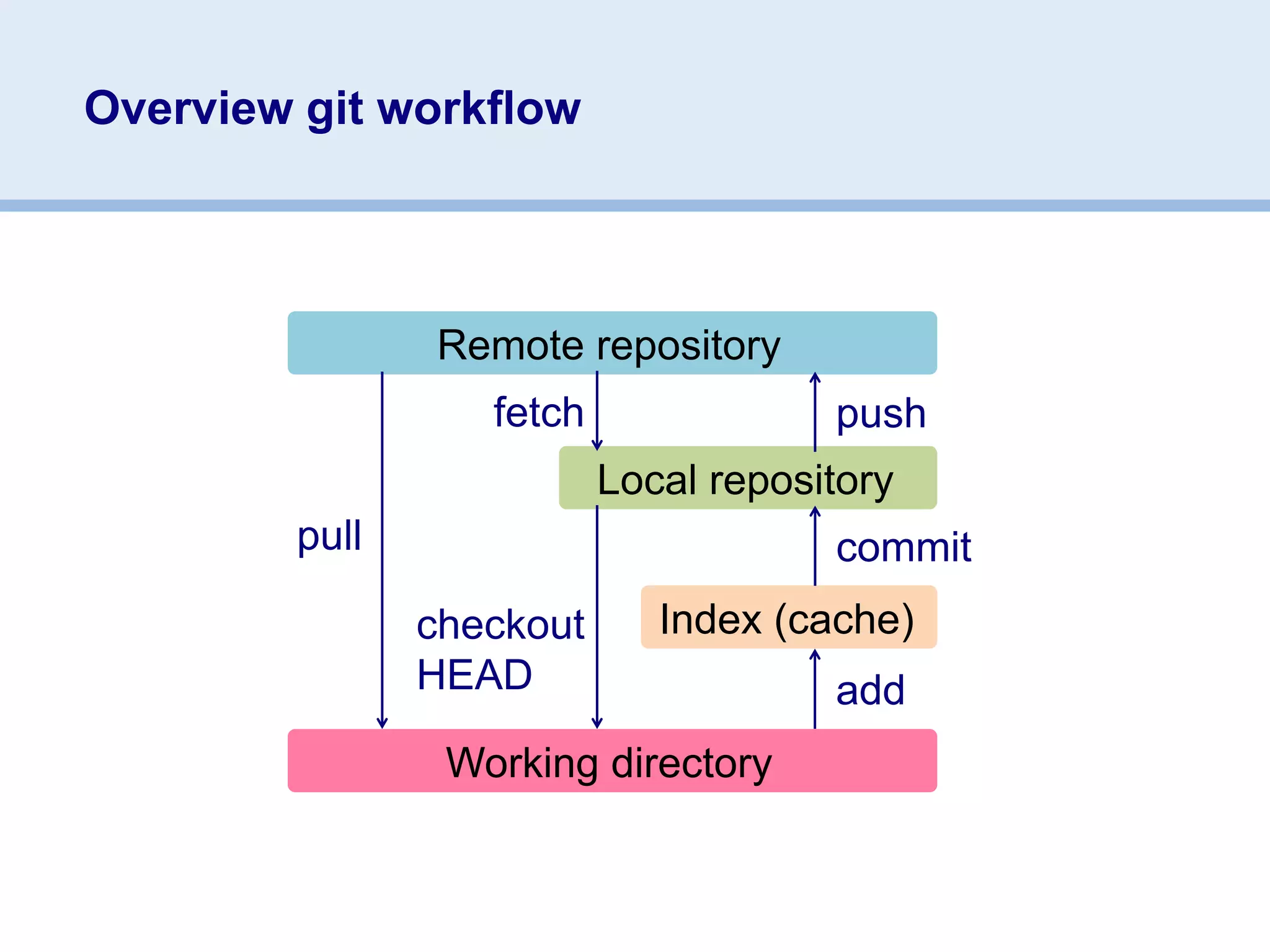 Overview git workflow



               Remote repository
                  fetch               push
                          Local repository
        pull                          commit
               checkout      Index (cache)
               HEAD                   add
                Working directory
 