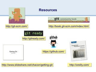 Resources



   http://git-scm.com/                  http://book.git-scm.com/index.html



                 http://gitready.com/



                                   https://github.com/




http://www.slideshare.net/chacon/getting-git             http://oreilly.com/
 