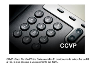 CCVP (Cisco Certified Voice Professional) – El crecimiento de avisos fue de 89 a 180, lo que equivale a un crecimiento del 102%.  