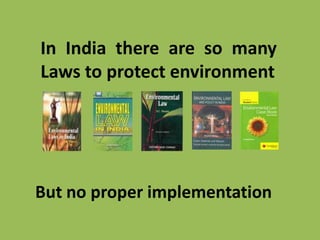 In India there are so many Laws to protect environmentBut no proper implementation