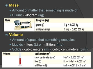  Mass
 Amount of matter that something is made of
 SI unit - kilogram (kg)
 Volume
 Amount of space that something occupies
 Liquids - liters (L) or milliliters (mL)
 Solids - cubic meters (m3), cubic centimeters (cm3)
 
