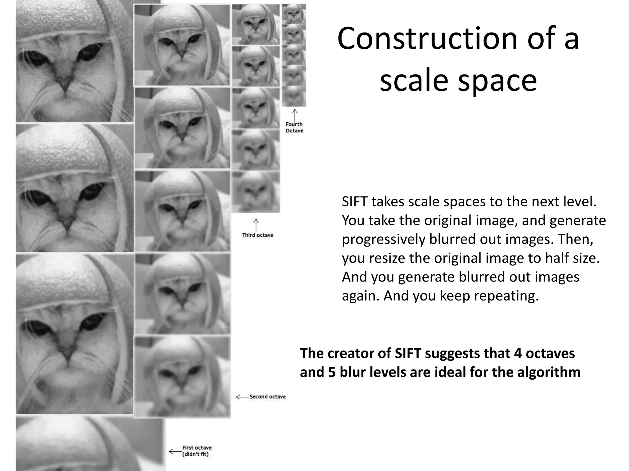 Construction of a 
scale space 
SIFT takes scale spaces to the next level. 
You take the original image, and generate 
progressively blurred out images. Then, 
you resize the original image to half size. 
And you generate blurred out images 
again. And you keep repeating. 
The creator of SIFT suggests that 4 octaves 
and 5 blur levels are ideal for the algorithm 
 