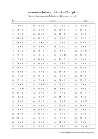 สานักงานเขตพื้นที่การศึกษาประถมศึกษาสุโขทัย เขต 1
“แบบทดสอบการคิดคานวณ” ชั้นประถมศึกษาปีที่ 2 ชุดที่ 9
กิจกรรม “คิดคานวณคล่องทั้งห้องเรียน” (ใช้เวลาสอบ 10 นาที)
ชื่อ...........................................................................โรงเรียน..........................................................เลขที่.............
1. 3  7 = 26. 10  4 = 51. 0  5 = 76. 5  75 =
2. 13  6 = 27. 6  6 = 52. 58  6 = 77. 94  9 =
3. 6  9 = 28. 69  2 = 53. 81  4 = 78. 3  2 =
4. 46  9 = 29. 30  2 = 54. 2  5 = 79. 9  5 =
5. 53  6 = 30. 2  7 = 55. 8  9 = 80. 13  4 =
6. 2  4 = 31. 8  8 = 56. 10  2 = 81. 4  6 =
7. 4  6 = 32. 14  5 = 57. 4  9 = 82. 5  49 =
8. 17  8 = 33. 9  5 = 58. 5  48 = 83. 70  1 =
9. 7  8 = 34. 45  5 = 59. 92  8 = 84. 6  5 =
10. 79  4 = 35. 43  4 = 60. 3  9 = 85. 2  8 =
11. 50  4 = 36. 5  7 = 61. 5  6 = 86. 12  8 =
12. 3  3 = 37. 4  8 = 62. 11  4 = 87. 2  8 =
13. 7  3 = 38. 17  9 = 63. 5  5 = 88. 76  6 =
14. 12  5 = 39. 7  4 = 64. 24  9 = 89. 62  3 =
15. 8  3 = 40. 6  67 = 65. 73  5 = 90. 5  4 =
16. 1  39 = 41. 42  5 = 66. 8  6 = 91. 8  3 =
17. 27  8 = 42. 3  6 = 67. 7  8 = 92. 10  7 =
18. 4  8 = 43. 9  7 = 68. 14  9 = 93. 7  2 =
19. 9  3 = 44. 11  9 = 69. 6  2 = 94. 4  86 =
20. 13  5 = 45. 4  5 = 70. 58  4 = 95. 84  7 =
21. 9  2 = 46. 34  7 = 71. 61  9 = 96. 9  8 =
22. 18  8 = 47. 87  9 = 72. 7  9 = 97. 6  8 =
23. 24  5 = 48. 8  1 = 73. 7  4 = 98. 10  3 =
24. 5  3 = 49. 9  9 = 74. 14  7 = 99. 8  4 =
25. 2  9 = 50. 12  3 = 75. 9  9 = 100. 7  17 =
 