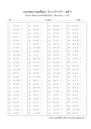 “แบบทดสอบการคูณพื้นฐาน” ชั้นประถมศึกษาปีที่ 2 ชุดที่ 8
กิจกรรม “คิดคานวณคล่องทั้งห้องเรียน” (ใช้เวลาสอบ 5 นาที)
ชื่อ.........................................................................โรงเรียน.....................................................เลขที่...........
1. 3  2 = 26. 3  0 = 51. 5  8 = 76. 5  11 =
2. 6  3 = 27. 9  8 = 52. 6  6 = 77. 9  0 =
3. 5  7 = 28. 2  2 = 53. 2  5 = 78. 8  3 =
4. 2  1 = 29. 8  11 = 54. 8  2 = 79. 3  5 =
5. 8  9 = 30. 4  9 = 55. 7  3 = 80. 9  12 =
6. 7  12 = 31. 6  4 = 56. 4  1 = 81. 6  10 =
7. 4  0 = 32. 5  10 = 57. 9  11 = 82. 2  9 =
8. 9  6 = 33. 2  6 = 58. 3  3 = 83. 7  6 =
9. 8  10 = 34. 7  1 = 59. 8  0 = 84. 4  3 =
10. 6  2 = 35. 8  12 = 60. 4  11 = 85. 5  0 =
11. 2  3 = 36. 3  11 = 61. 6  9 = 86. 3  7 =
12. 7  0 = 37. 9  9 = 62. 2  8 = 87. 8  4 =
13. 4  12 = 38. 7  5 = 63. 7  4 = 88. 6  11 =
14. 9  7 = 39. 5  6 = 64. 5  12 = 89. 4  4 =
15. 5  9 = 40. 4  10 = 65. 3  4 = 90. 7  7 =
16. 3  12 = 41. 8  1 = 66. 9  1 = 91. 5  1 =
17. 6  5 = 42. 2  4 = 67. 6  8 = 92. 2  10 =
18. 4  8 = 43. 9  10 = 68. 4  2 = 93. 8  5 =
19. 7  2 = 44. 6  7 = 69. 7  8 = 94. 3  6 =
20. 5  5 = 45. 3  1 = 70. 2  7 = 95. 9  2 =
21. 6  1 = 46. 5  2 = 71. 5  3 = 96. 7  11 =
22. 8  8 = 47. 8  7 = 72. 9  4 = 97. 5  4 =
23. 2  0 = 48. 4  5 = 73. 3  9 = 98. 8  6 =
24. 7  9 = 49. 9  3 = 74. 2  11 = 99. 3  10 =
25. 3  8 = 50. 7  10 = 75. 4  6 = 100. 9  5 =
สานักงานเขตพื้นที่การศึกษาประถมศึกษาสุโขทัย เขต 1
 