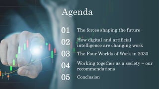 Agenda
The forces shaping the future01
How digital and artificial
intelligence are changing work
02
The Four Worlds of Work in 203003
Working together as a society – our
recommendations04
05 Conclusion
 