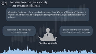 04 Working together as a society
– our recommendations
Managing the impact of the trends shaping our Four Worlds of Work won’t be easy. It
requires collaboration and engagement from governments, organizations and society
at large.
Look for innovative ways to address
unemployment caused by technology
Be deliberate in the way we allow
technology to develop
Together we should
 