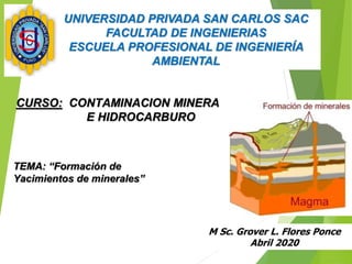 CURSO: CONTAMINACION MINERA
E HIDROCARBURO
M Sc. Grover L. Flores Ponce
Abril 2020
UNIVERSIDAD PRIVADA SAN CARLOS SAC
FACULTAD DE INGENIERIAS
ESCUELA PROFESIONAL DE INGENIERÍA
AMBIENTAL
TEMA: “Formación de
Yacimientos de minerales”
 