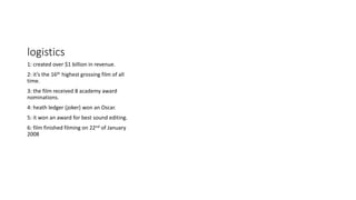 logistics
1: created over $1 billion in revenue.
2: it’s the 16th highest grossing film of all
time.
3: the film received 8 academy award
nominations.
4: heath ledger (joker) won an Oscar.
5: it won an award for best sound editing.
6: film finished filming on 22nd of January
2008
 