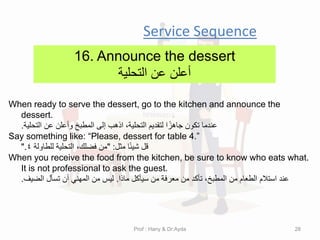 Service Sequence
16. Announce the dessert
‫التحلٌة‬ ‫عن‬ ‫أعلن‬
When ready to serve the dessert, go to the kitchen and announce the
dessert.
‫التحلٌة‬ ‫عن‬ ‫وأعلن‬ ‫المطبخ‬ ‫إلى‬ ‫اذهب‬ ،‫التحلٌة‬ ‫لتمدٌم‬ ‫ا‬ً‫جاهز‬ ‫تكون‬ ‫عندما‬
.
Say something like: “Please, dessert for table 4.”
‫مثل‬ ‫ا‬ً‫ئ‬ٌ‫ش‬ ‫لل‬
" :
‫للطاولة‬ ‫التحلٌة‬ ،‫فضلن‬ ‫من‬
4
".
When you receive the food from the kitchen, be sure to know who eats what.
It is not professional to ask the guest.
‫ماذا‬ ‫سٌؤكل‬ ‫من‬ ‫معرفة‬ ‫من‬ ‫تؤكد‬ ،‫المطبخ‬ ‫من‬ ‫الطعام‬ ‫استالم‬ ‫عند‬
.
‫الضٌف‬ ‫تسؤل‬ ‫أن‬ ً‫المهن‬ ‫من‬ ‫لٌس‬
.
Prof : Hany & Dr:Ayda 28
 