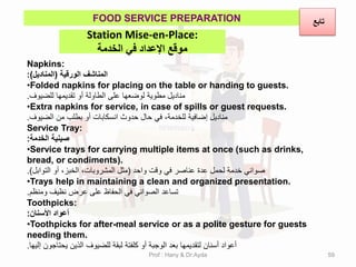 Station Mise-en-Place:
‫الخذمة‬ ‫في‬ ‫اإلعذاد‬ ‫موقع‬
FOOD SERVICE PREPARATION
Napkins:
‫الورلٌة‬ ‫المناشف‬
)
‫المنادٌل‬
:(
•Folded napkins for placing on the table or handing to guests.
‫للضٌوف‬ ‫تمدٌمها‬ ‫أو‬ ‫الطاولة‬ ‫على‬ ‫لوضعها‬ ‫مطوٌة‬ ‫منادٌل‬
.
•Extra napkins for service, in case of spills or guest requests.
‫الضٌوف‬ ‫من‬ ‫بطلب‬ ‫أو‬ ‫انسكابات‬ ‫حدوث‬ ‫حال‬ ً‫ف‬ ،‫للخدمة‬ ‫إضافٌة‬ ‫منادٌل‬
.
Service Tray:
‫الخدمة‬ ‫صٌنٌة‬
:
•Service trays for carrying multiple items at once (such as drinks,
bread, or condiments).
‫واحد‬ ‫ولت‬ ً‫ف‬ ‫عناصر‬ ‫عدة‬ ‫لحمل‬ ‫خدمة‬ ً‫صوان‬
(
‫التوابل‬ ‫أو‬ ،‫الخبز‬ ،‫المشروبات‬ ‫مثل‬
.)
•Trays help in maintaining a clean and organized presentation.
‫ومنظم‬ ‫نظٌف‬ ‫عرض‬ ‫على‬ ‫الحفاظ‬ ً‫ف‬ ً‫الصوان‬ ‫تساعد‬
.
Toothpicks:
‫األسنان‬ ‫أعواد‬
:
•Toothpicks for after-meal service or as a polite gesture for guests
needing them.
‫إلٌها‬ ‫ٌحتاجون‬ ‫الذٌن‬ ‫للضٌوف‬ ‫لبمة‬ ‫كلفتة‬ ‫أو‬ ‫الوجبة‬ ‫بعد‬ ‫لتمدٌمها‬ ‫أسنان‬ ‫أعواد‬
.
‫تابع‬
Prof : Hany & Dr:Ayda 59
 