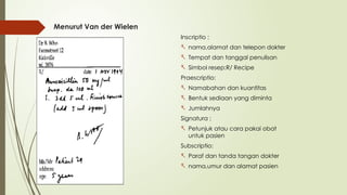 Menurut Van der Wielen
Inscriptio :
- nama,alamat dan telepon dokter
- Tempat dan tanggal penulisan
- Simbol resep:R/ Recipe
Praescriptio:
- Namabahan dan kuantitas
- Bentuk sediaan yang diminta
- Jumlahnya
Signatura ;
- Petunjuk atau cara pakai obat
untuk pasien
Subscriptio:
- Paraf dan tanda tangan dokter
- nama,umur dan alamat pasien
 
