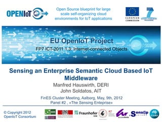 Open Source blueprint for large
                               scale self-organizing cloud
                            environments for IoT applications




                          EU OpenIoT Project
                                          -
                 FP7 ICT-2011 1.3: Internet-connected Objects



  Sensing an Enterprise Semantic Cloud Based IoT
                    Middleware
                            Manfred Hauswirth, DERI
                              John Soldatos, AIT
                     FinES Cluster Meeting, Aalborg, May, 9th, 2012
                          Panel #2 , «The Sensing Enteprise»

© Copyright 2012
OpenIoT Consortium
 