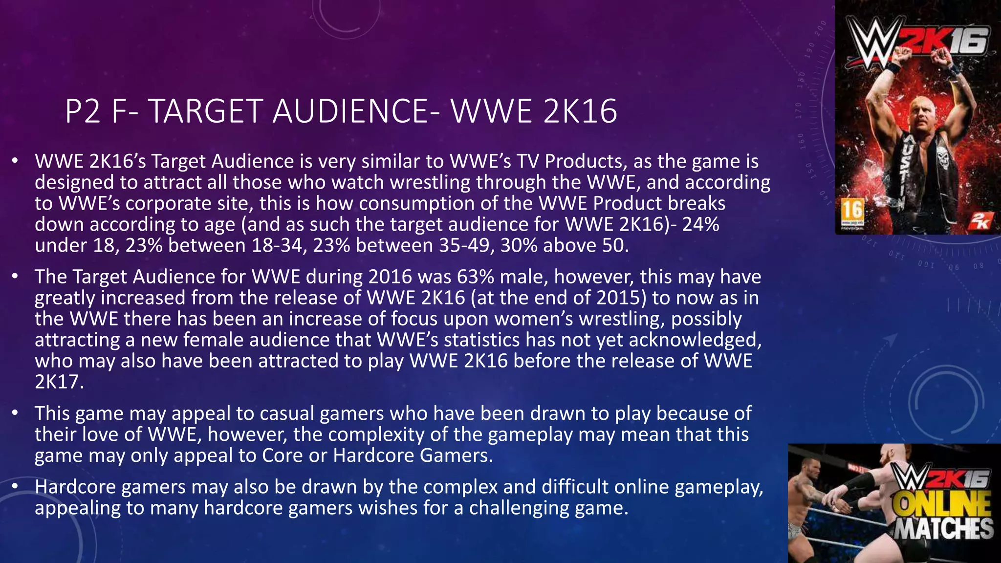 P2 F- TARGET AUDIENCE- WWE 2K16
• WWE 2K16’s Target Audience is very similar to WWE’s TV Products, as the game is
designed to attract all those who watch wrestling through the WWE, and according
to WWE’s corporate site, this is how consumption of the WWE Product breaks
down according to age (and as such the target audience for WWE 2K16)- 24%
under 18, 23% between 18-34, 23% between 35-49, 30% above 50.
• The Target Audience for WWE during 2016 was 63% male, however, this may have
greatly increased from the release of WWE 2K16 (at the end of 2015) to now as in
the WWE there has been an increase of focus upon women’s wrestling, possibly
attracting a new female audience that WWE’s statistics has not yet acknowledged,
who may also have been attracted to play WWE 2K16 before the release of WWE
2K17.
• This game may appeal to casual gamers who have been drawn to play because of
their love of WWE, however, the complexity of the gameplay may mean that this
game may only appeal to Core or Hardcore Gamers.
• Hardcore gamers may also be drawn by the complex and difficult online gameplay,
appealing to many hardcore gamers wishes for a challenging game.
 