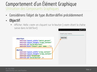Comportement d’un Élément Graphique
•  Considérons l’objet de type Button défini précédemment
•  Objectif:
•  Afficher: Hello <nom> en cliquant sur le bouton (<nom> étant la chaîne
saisie dans le EditText)
Dr. Lilia SFAXI
www.liliasfaxi.wix.com/liliasfaxi
Slide 14
Utilisation des Composants Graphiques
 