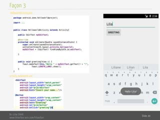 Dr. Lilia SFAXI
www.liliasfaxi.wix.com/liliasfaxi
Slide 20
Façon 3
HelloworldActivity.java
activity_helloworld.xml
 