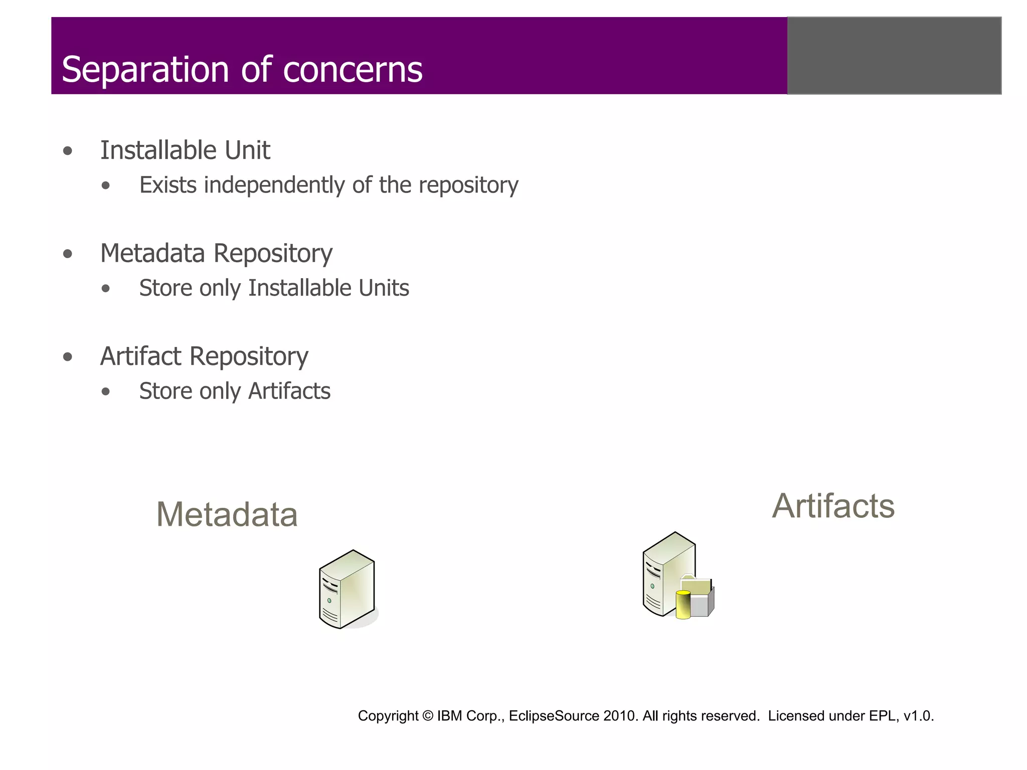 Separation of concerns

•   Installable Unit
    •   Exists independently of the repository


•   Metadata Repository
    •   Store only Installable Units


•   Artifact Repository
    •   Store only Artifacts




         Metadata                                                                             Artifacts




                               Copyright © IBM Corp., EclipseSource 2010. All rights reserved. Licensed under EPL, v1.0.
 