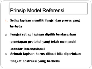 Prinsip Model Referensi
1. Setiap lapisan memiliki fungsi dan proses yang

berbeda
2.

Fungsi setiap lapisan dipilih berdasarkan
penetapan protokol yang telah memenuhi

3.

standar internasional
Sebuah lapisan harus dibuat bila diperlukan
tingkat abstraksi yang berbeda

 