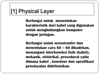[1] Physical Layer
Berfungsi untuk menentukan
karakteristik dari kabel yang digunakan
untuk menghubungkan komputer
dengan jaringan.
Berfungsi untuk menstranfer dan
menentukan cara bit – bit dikodekan,
menangani interkoneksi fisik (kabel),
mekanik, elektrikal, prosedural yaitu
dimana kabel , konektor dan spesifikasi
pensinyalan didefinisikan.

 