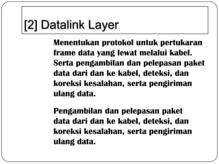 [2] Datalink Layer
Menentukan protokol untuk pertukaran
frame data yang lewat melalui kabel.
Serta pengambilan dan pelepasan paket
data dari dan ke kabel, deteksi, dan
koreksi kesalahan, serta pengiriman
ulang data.
Pengambilan dan pelepasan paket
data dari dan ke kabel, deteksi, dan
koreksi kesalahan, serta pengiriman
ulang data.

 