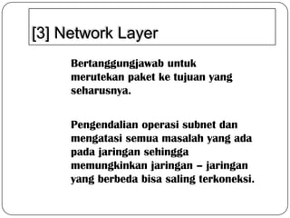 [3] Network Layer
Bertanggungjawab untuk
merutekan paket ke tujuan yang
seharusnya.
Pengendalian operasi subnet dan
mengatasi semua masalah yang ada
pada jaringan sehingga
memungkinkan jaringan – jaringan
yang berbeda bisa saling terkoneksi.

 