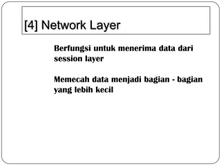 [4] Network Layer
Berfungsi untuk menerima data dari
session layer
Memecah data menjadi bagian - bagian
yang lebih kecil

 
