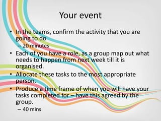 Your event
• In the teams, confirm the activity that you are
going to do
– 20 minutes

• Each of you have a role, as a gro...