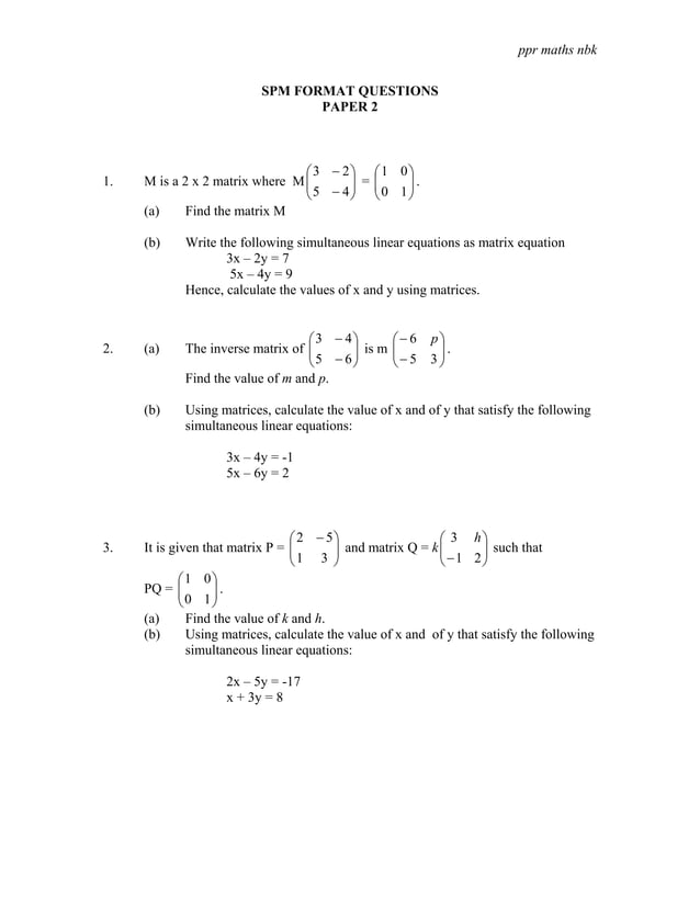 P2 Matrices Test Pdf