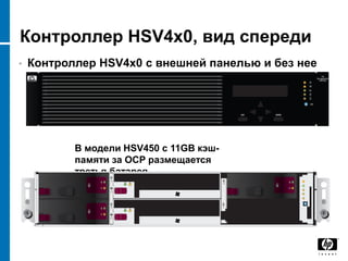 Контроллер HSV4x0, вид спереди
•   Контроллер HSV4x0 с внешней панелью и без нее




           В модели HSV450 с 11GB кэш-
           памяти за OCP размещается
           третья батарея
 