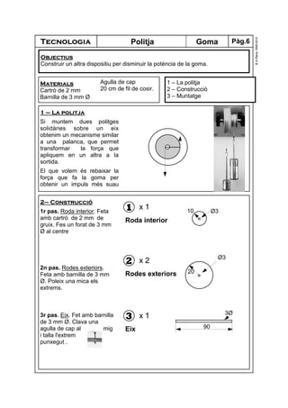 Tecnologia
©A.Plana1999-2010
GomaPolitja
1 – La politja
2 – Construcció
3 – Muntatge
Materials
Cartró de 2 mm
Barnilla de 3 mm Ø
Agulla de cap
20 cm de fil de cosir.
Objectius
Construir un altra dispositiu per disminuir la potència de la goma.
2– Construcció
1r pas. Roda interior. Feta
amb cartró de 2 mm de
gruix. Fes un forat de 3 mm
Ø al centre
2n pas. Rodes exteriors.
Feta amb barnilla de 3 mm
Ø. Poleix una mica els
extrems.
3r pas. Eix. Fet amb barnilla
de 3 mm Ø. Clava una
agulla de cap al mig
i talla l'extrem
punxegut .
2
Rodes exteriors
x 2
1
Roda interior
x 1
3
Eix
x 1
90
3Ø
20
Ø3
10 Ø3
1 – La politja
Si muntem dues politges
solidàries sobre un eix
obtenim un mecanisme similar
a una palanca, que permet
transformar la força que
apliquem en un altra a la
sortida.
El que volem és rebaixar la
força que fa la goma per
obtenir un impuls més suau
Pàg.6
 