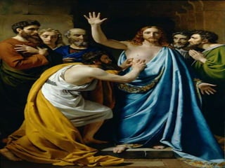 - Envia em missão:
"Como o Pai me enviou,
assim também eu vos envio"
- Exige: FÉ: - Para Tomé
que quer ver para crer:
"Não sejas incrédulo,
mas fiel... Felizes os que
creem sem terem visto."
Única Bem-aventurança
no evangelho de João.
+ Portas Trancadas:
Cristo abre as portas
daquela Comunidade...
e os envia ao Mundo...
A presença de Jesus
ressuscitado é fonte
de coragem e de paz...
O Espírito Santo dará força
para cumprir a missão.
 