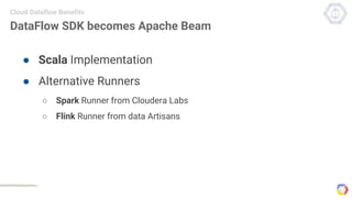 DataFlow SDK becomes Apache Beam
● Scala Implementation
● Alternative Runners
○ Spark Runner from Cloudera Labs
○ Flink Runner from data Artisans
Cloud Dataflow Benefits
 